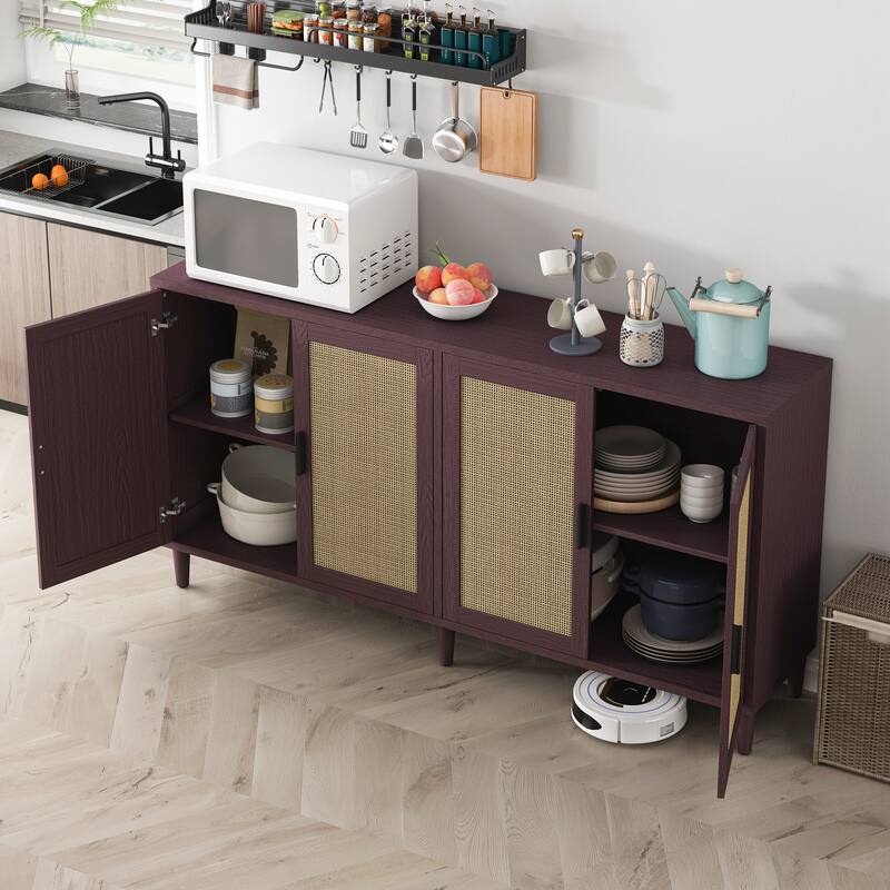 Rattan Buffet Cabinet with Storage, 4-Door Sideboard Buffet Cabinet with Adjustable Shelves for Kitchen, Living Room