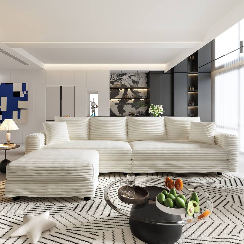 102.4 " Corduroy Modular Sofa, Modern Upholstered Sofa Cloud Couch, Deep Seat Couches w/ Pillows, Movable Ottoman for Apartment