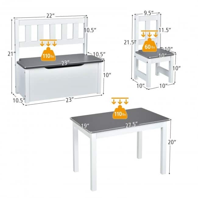 4 Pieces Kids Wooden Activity Table and Chairs Set with Storage Bench and Study Desk - 27.5" (L) X 19" (W) X 20" (H)