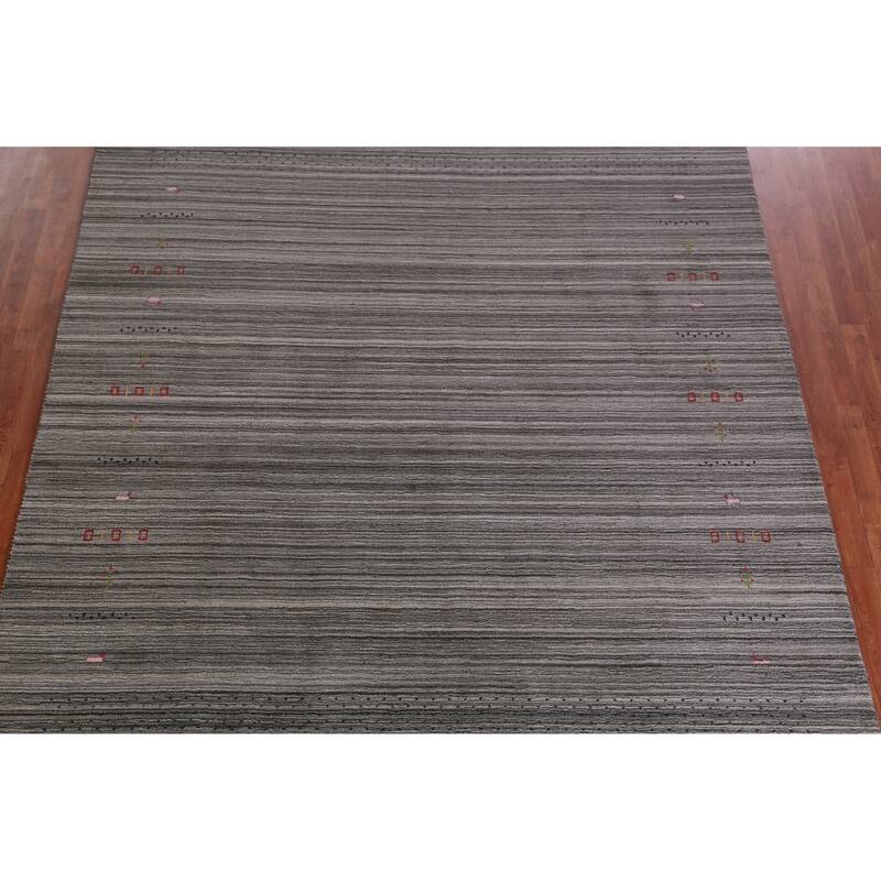 Hand Knotted Oriental 100% Wool Carpet Tribal Stripe Greys & Charcoal Gabbeh Area Rug - 9' 7'' X 8' 1''