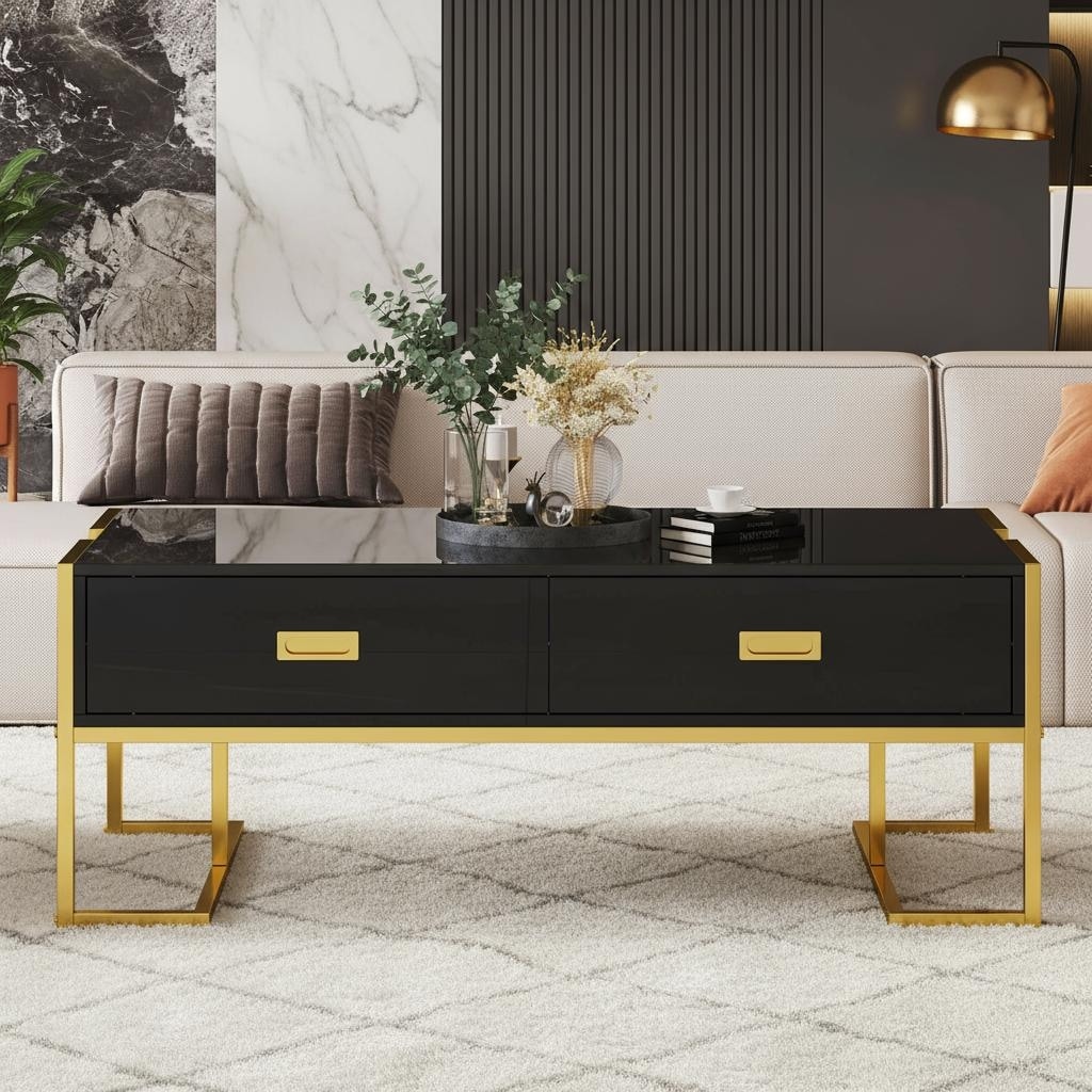 Modern Glam Rectangular Coffee Table with 4 Hidden Drawers by Harper&Bright Designs