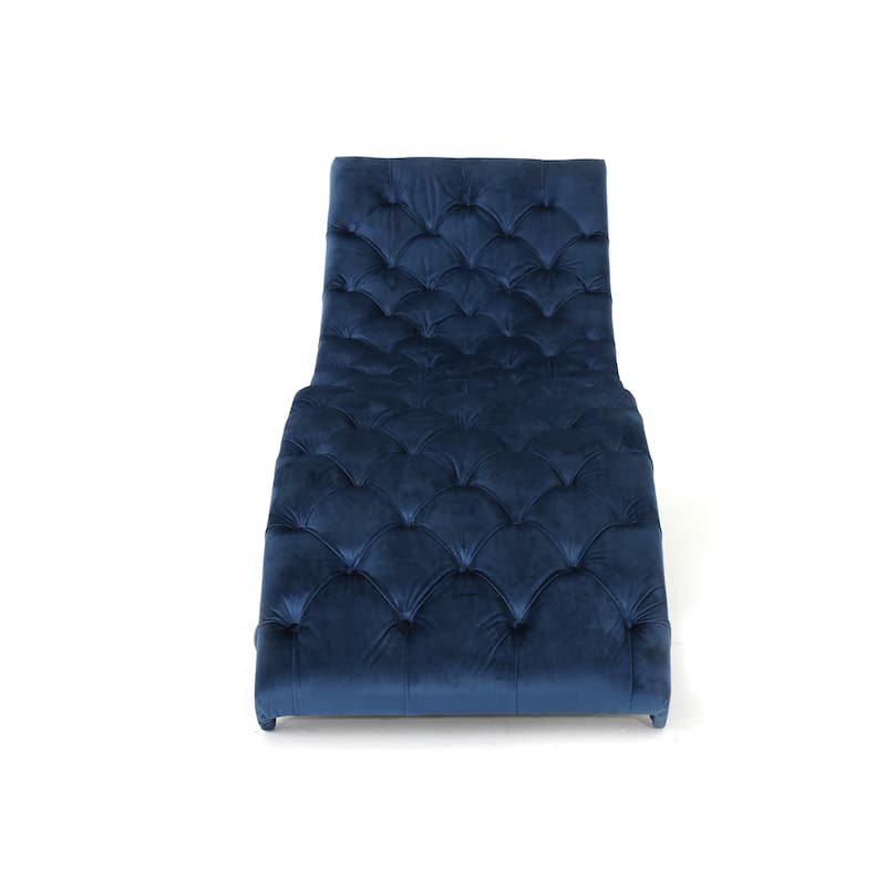 Greta Lounge Chaise, Navy Blue Tufted Velvet, Black Wood, 73 Inch