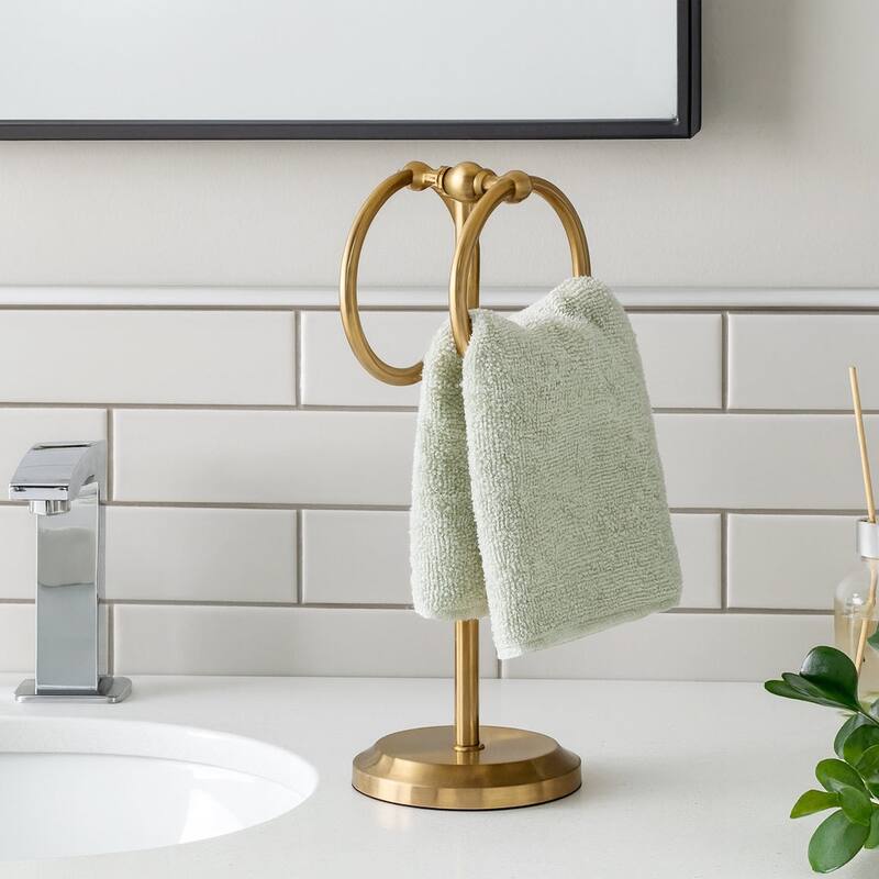 Aged Brass Gold Stainless Steel Double Ring Fingertip Towel Holder With Heavy Base - Gold