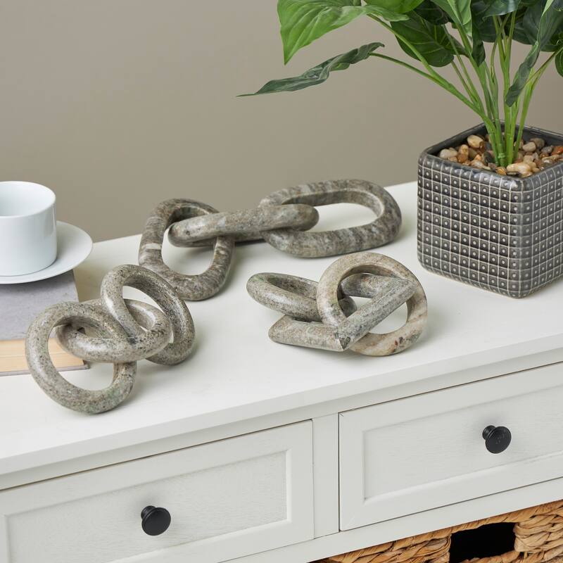 Marble Geometric 3 Link Chain Sculpture with Various Shapes (Set of 3) - Black, White, Gray - Gray