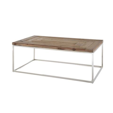 50 Inches Wooden Top Coffee Table with Metal Base, Brown and Silver