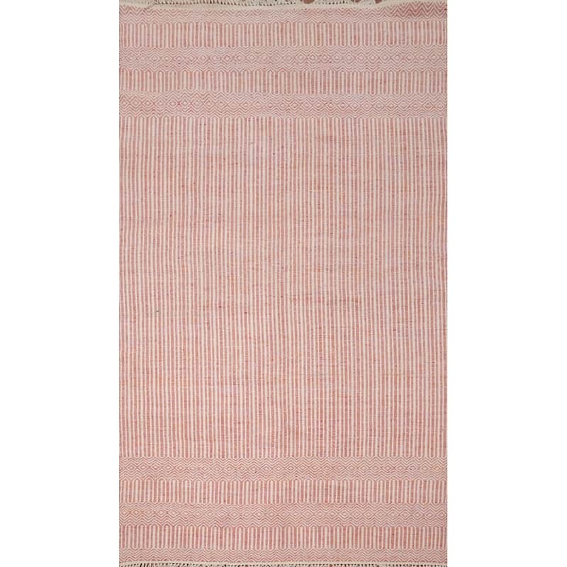 Hand Woven Oriental 100% Wool Carpet Traditional Geometric Coral Durrie-Kilim Area Rug - 8' 0'' X 5' 1''