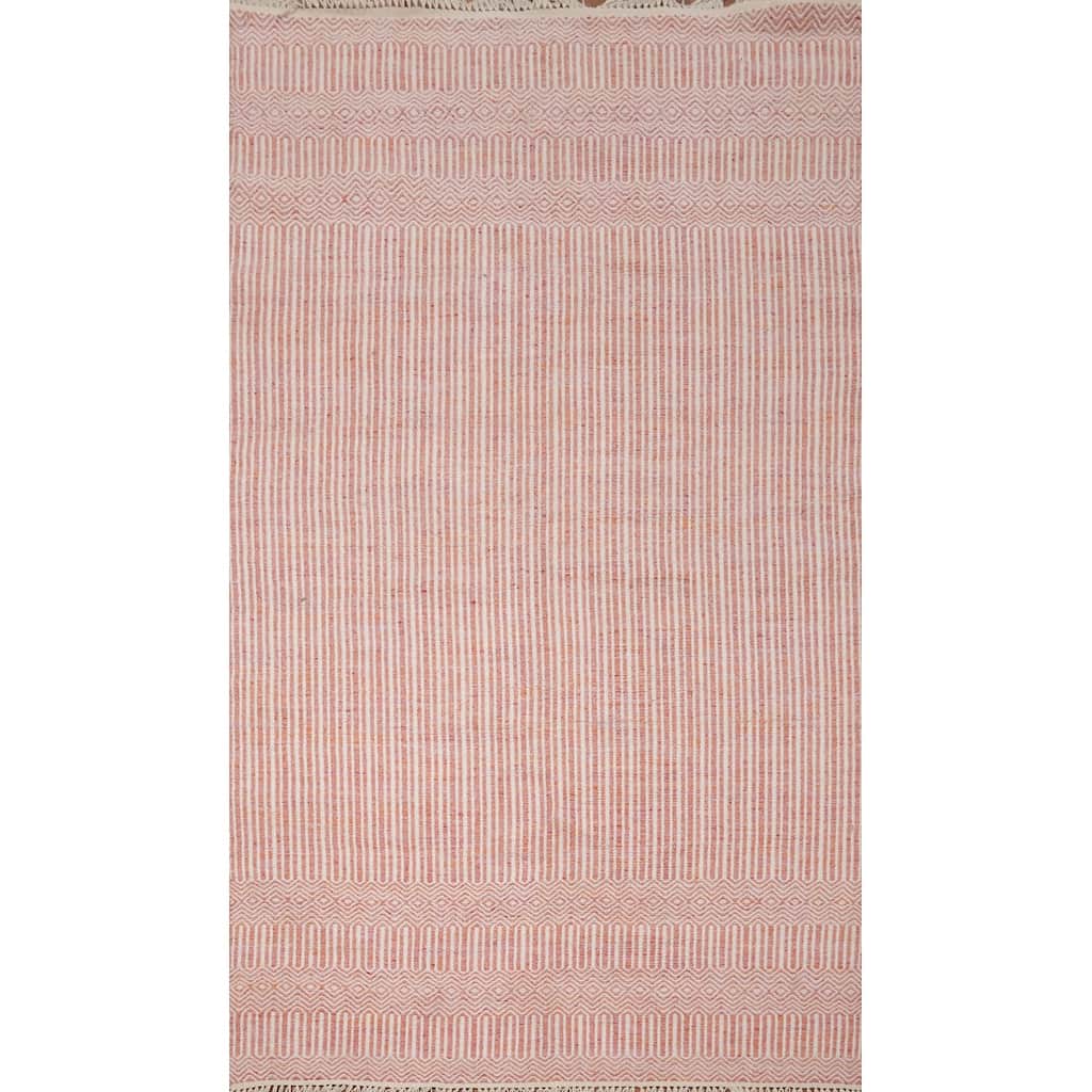 Hand Woven Oriental 100% Wool Carpet Traditional Geometric Coral Durrie-Kilim Area Rug - 8' 0'' X 5' 1''
