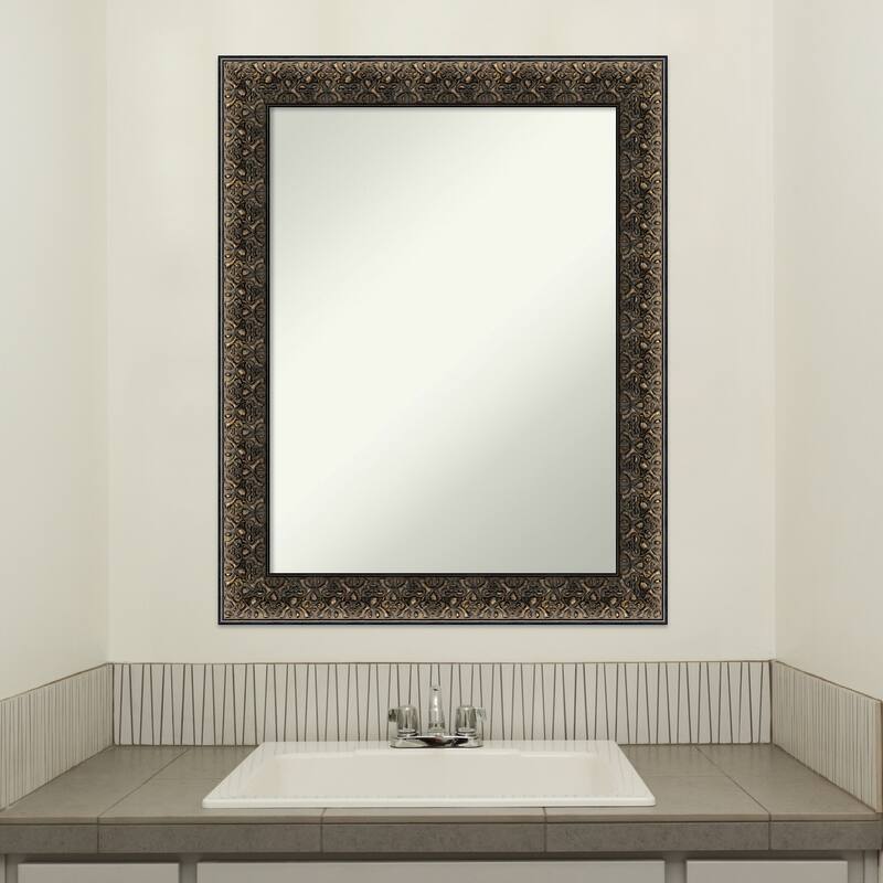 Non-Beveled Wood Bathroom Wall Mirror - Intaglio Embossed Black Frame
