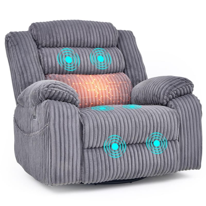 270° Swivel Velvet Recliner, Extra Wide Power Recliner Chair w/Heat Massage - USB & Type C Charging Port