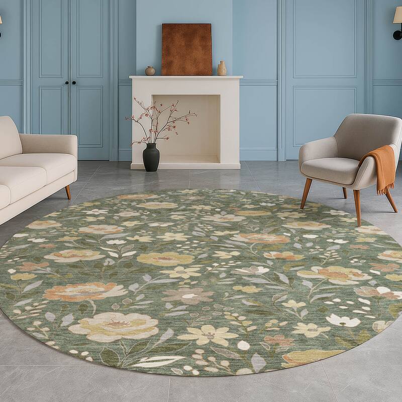 Machine Washable Indoor/ Outdoor Floral Garden Chantille Rug