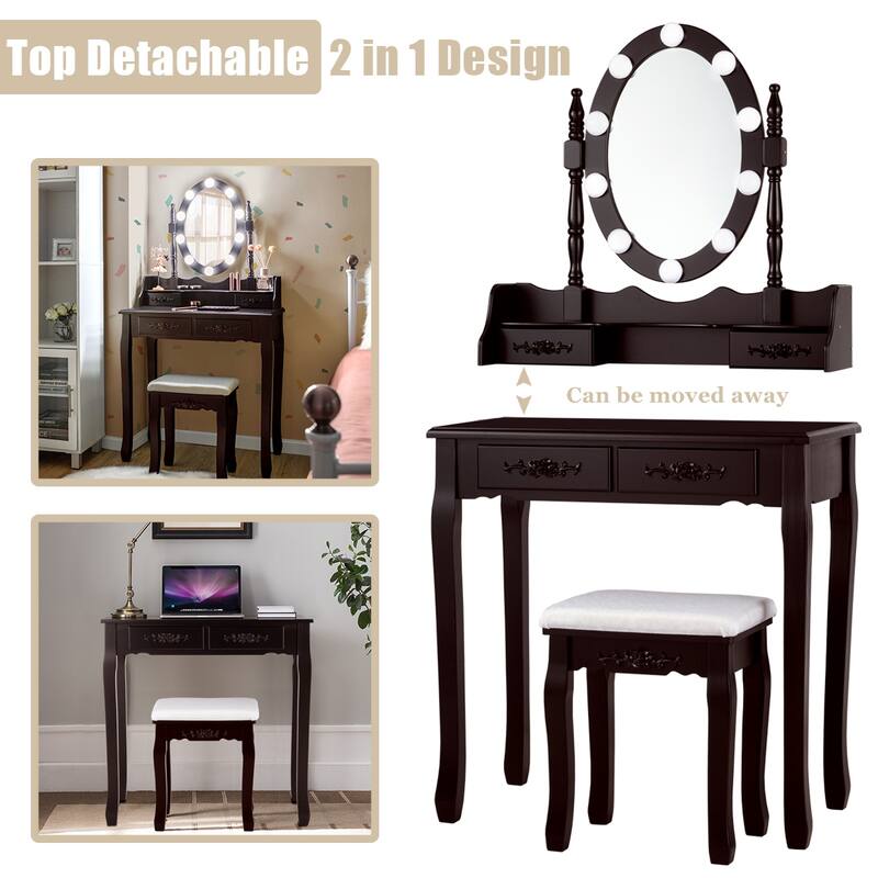 Costway Vanity Table Table 10 Dimmable Bulbs Black White Brown