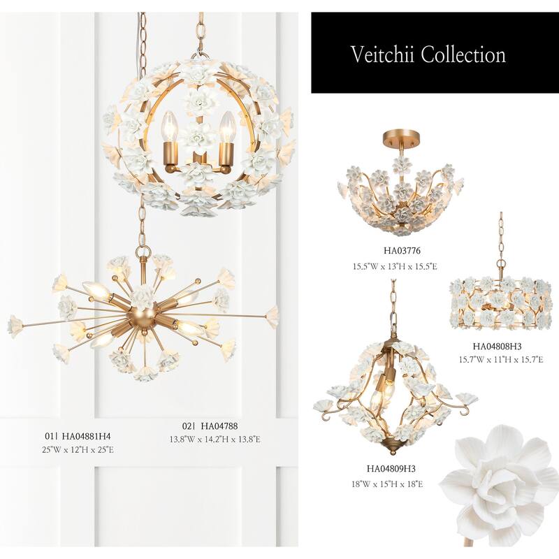 Veitchii Mid-century Modern 3 Lights Orb Chandeliers Art Decor Handmade Ceramic Flower LED Pendant - D 13.8" x H 75.2"