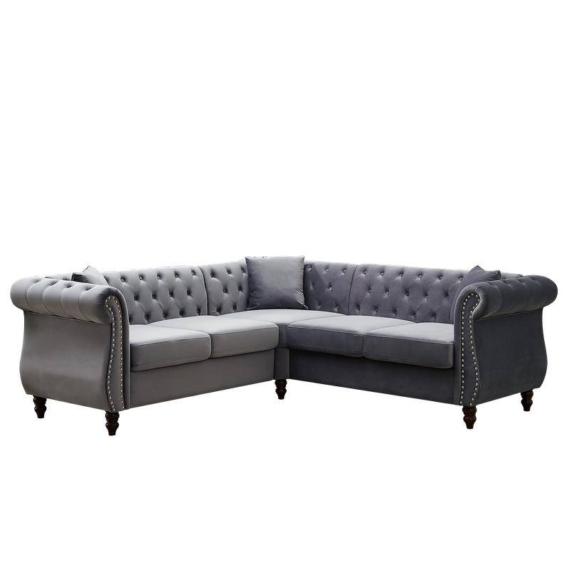 83.5 Inch Velvet Upholstered L-Shaped Sofa Sectional Couch with 3 Pillows