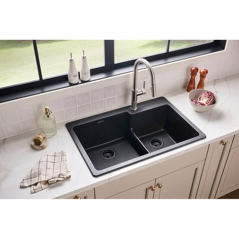 Ruvati 33 x 22 inch epiGranite Drop-in Topmount Granite Composite Quartz Double Bowl Kitchen Sink - Midnight Black - RVG1347BK