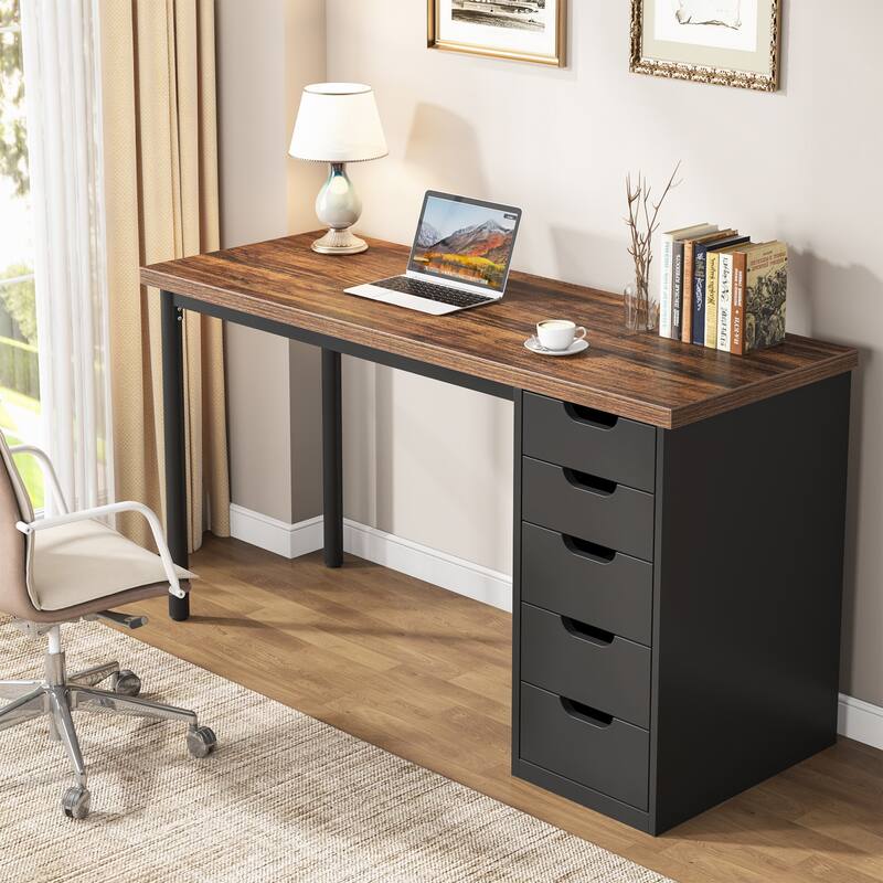 PC/Computer Desk with 5 Reversible Drawers, Home Office Desk with Storage, Laptop Desk Study Writing Table Workstation