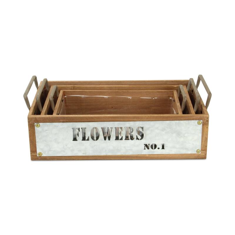 Brown Wood and Galvanized Metal Jardin Fleurs Stamped Crate (Set of 3)