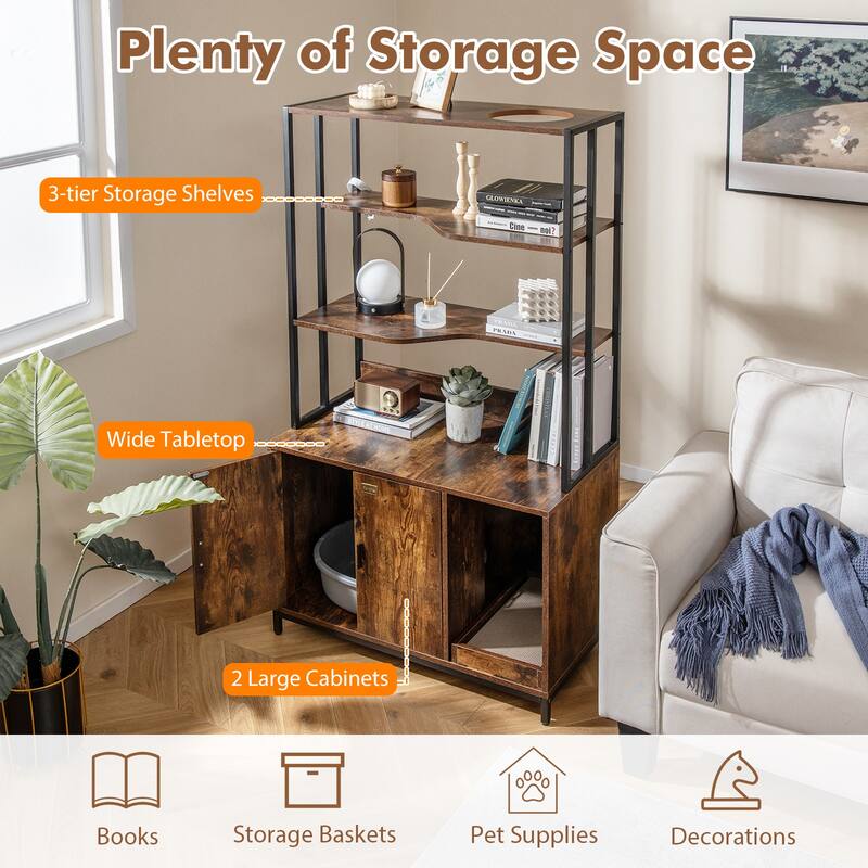 Cat Litter Box Cabinet with Storage Space & 3-Tier Shelves, Modern Design - 33.5" x 18" x 61"