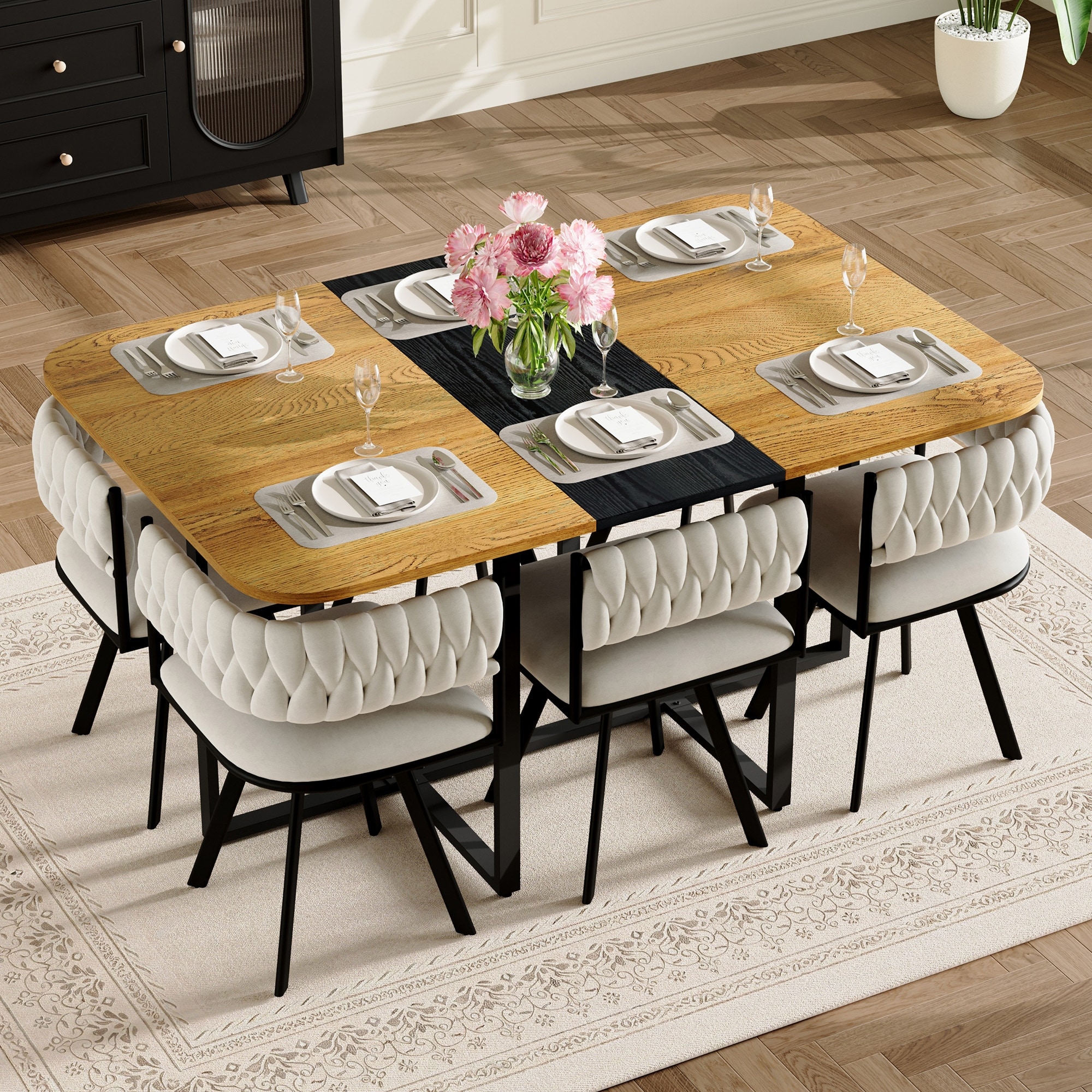Kitchen Nook Set Dining Table Set with Beige Velvet Upholstered Chairs
