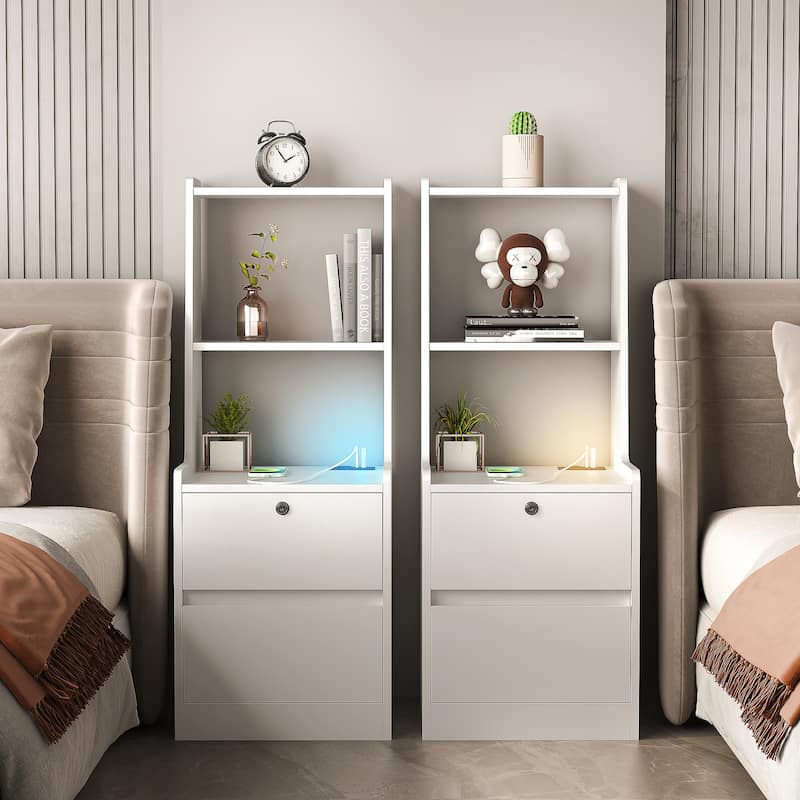 Nightstands with Charging Station,Night Light,Bookshelf (Set of 2)