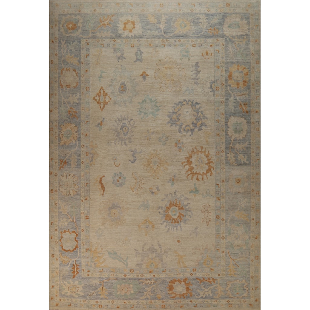 Hand Knotted Oriental 100% Wool Carpet Transitional All-Over Beige & Ivories Oushak Area Rug - 13' 8'' X 9' 10''