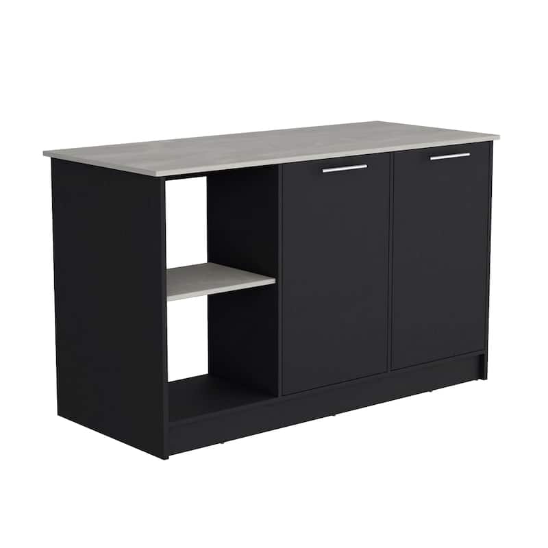 Kitchen Island with Large Countertop, Open Storage Shelves and Double Door Cabinet - Black