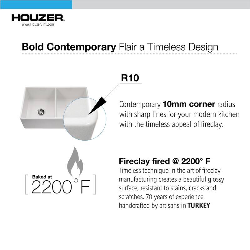 Houzer PTD-4400-C Platus 33" Farmhouse Double Basin Fireclay Kitchen