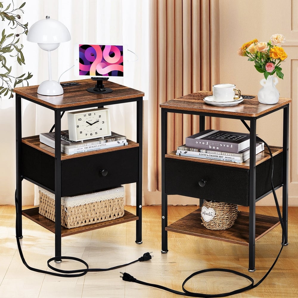 VECELO Nightstand Set with Charging Station 2 AC Outlets & 2 USB Ports 24-Inch High nightstand with Fabric Drawer 2 Open Shelves