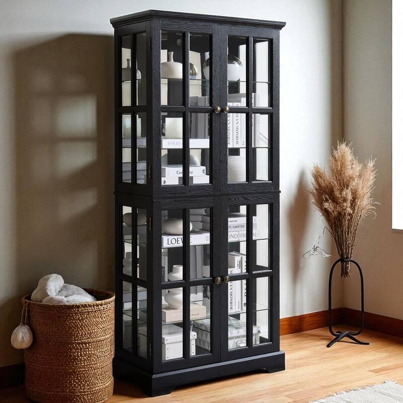 68.7" Antique Curio Display Cabinet with 4 Glass Doors, Adjustable Shelves & Built-in Light for Collectibles and Wine Storage - Black