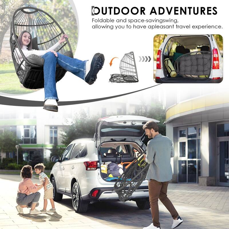 Outdoor Indoor Wicker Foldable Hanging Egg Chair Without Stand, Patio Swing Chair with Cushion, 350 lb Capacity