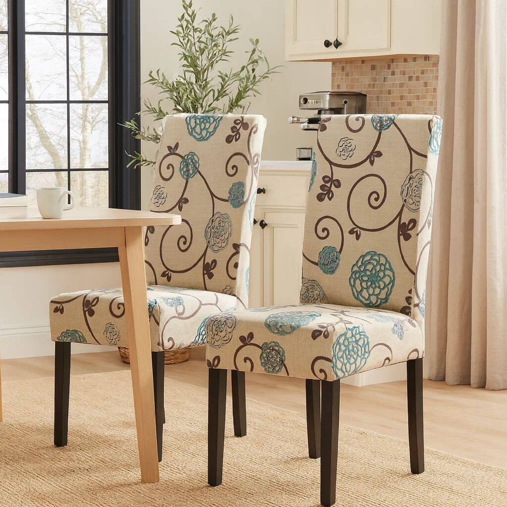 Dining Chair Set of 2, Beige Fabric, Soft Cushions, Black Rubberwood