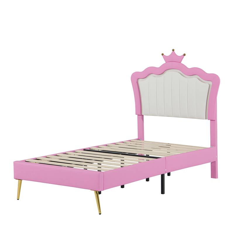 Twin Size Upholstered Princess Bed with Crown Headboard and LED Lights, Pink and White