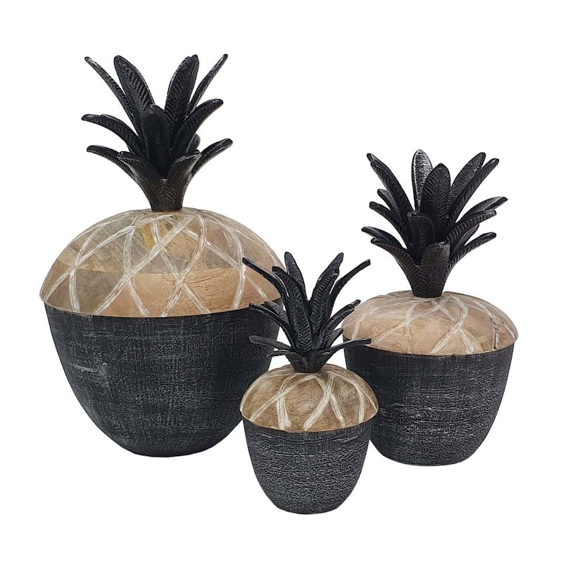 14, 12, 11 Inch Lidded Jar, Pineapple Design, Gray Mango Wood, Set of 3