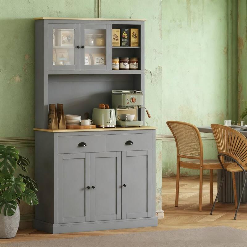 Kitchen Pantry Cabinet, 71" Tall Wood Storage Cabinet with Drawers, Shelves, 5 Doors Freestanding Cupboard with Countertop - Grey