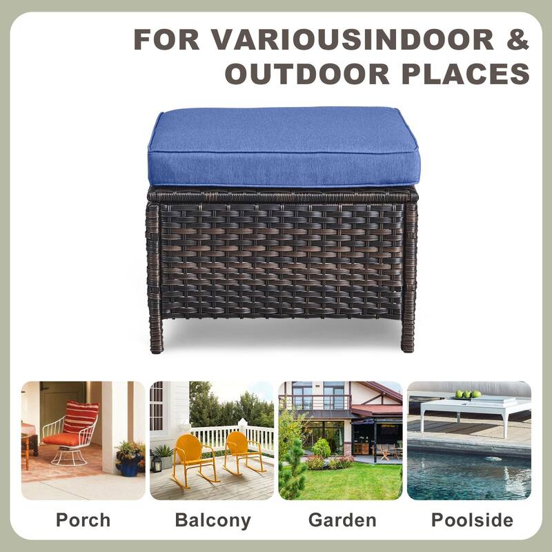 Gymojoy 2pcs Patio PE Rattan Ottoman with Cushion Weather-resistance