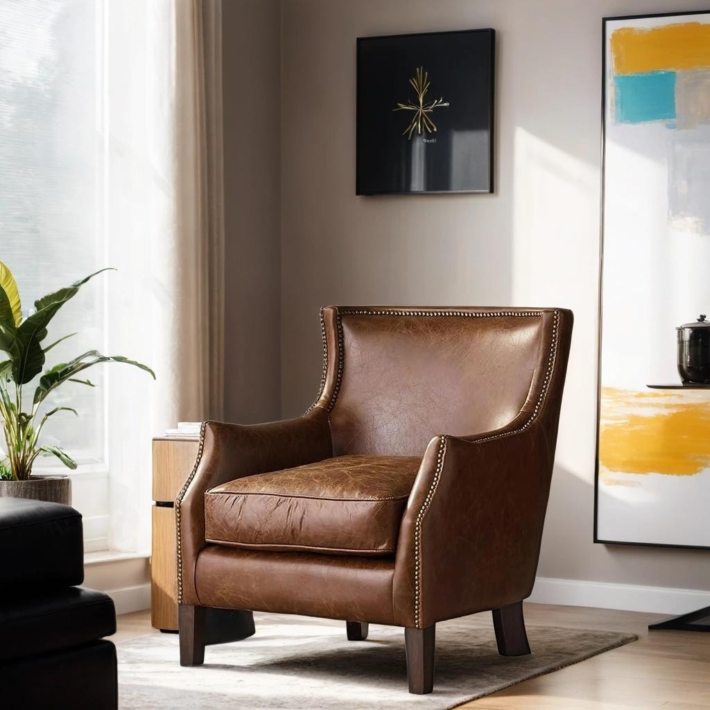 Vintage Brown Single Sofa with Top Grain Leather, Rubber