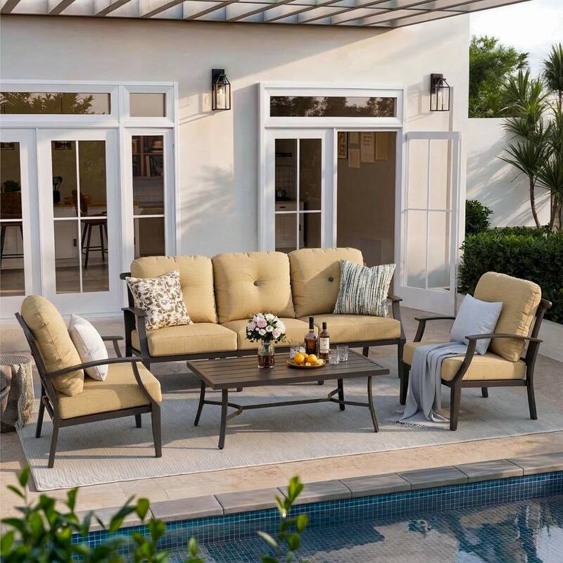 4-Piece Patio Conversation Set with Cushions, Aluminum Frame, Ginger - Yellow