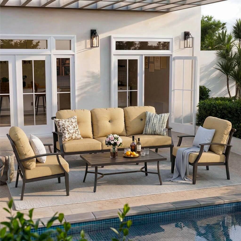 4-Piece Patio Conversation Set with Cushions, Aluminum Frame, Ginger