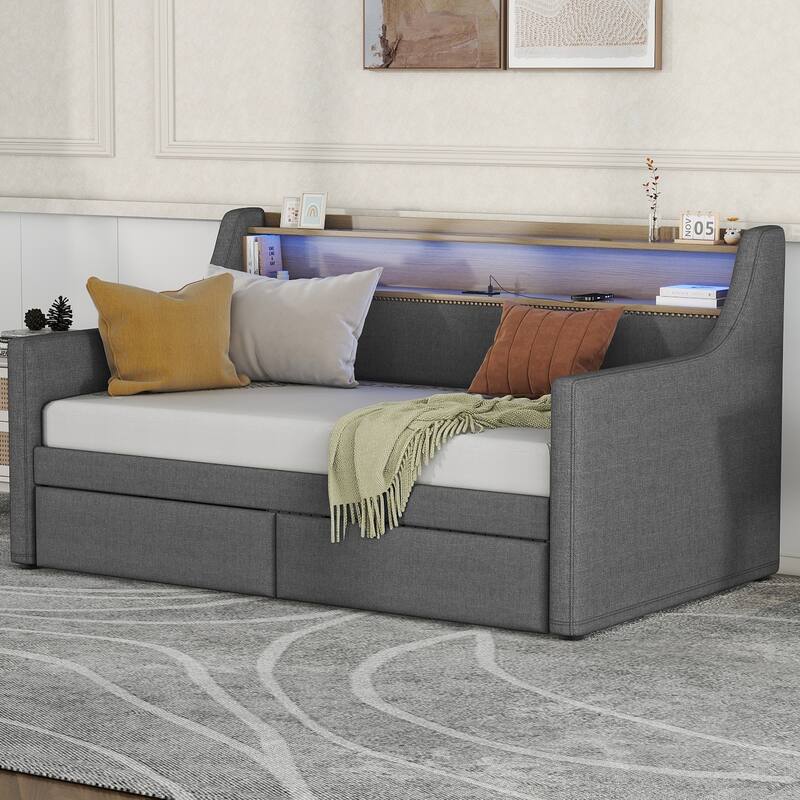 Twin Size PU Leather Upholstered Daybed with Trundle,Charging Station and LED Lights