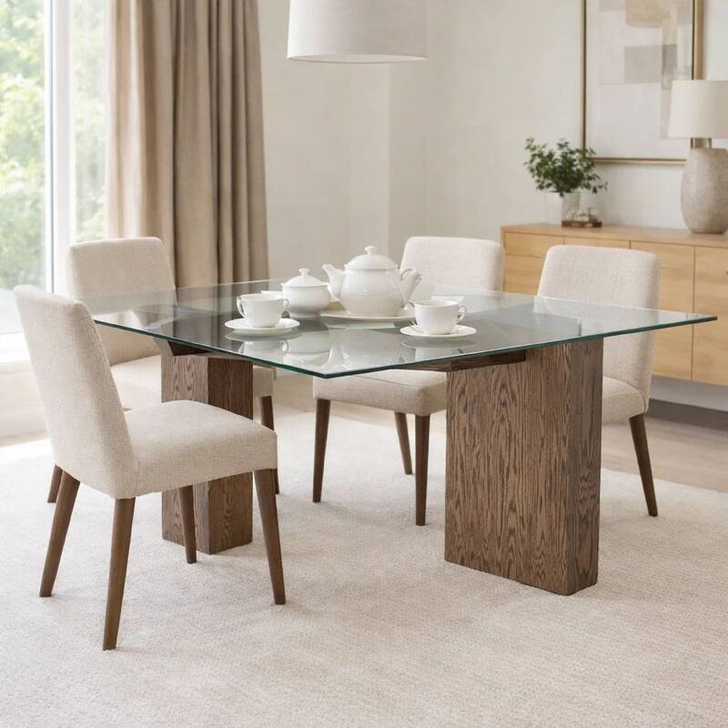 Lan 80 Inch Dining Table, Glass Top, Wood Double Pedestal, 6 Seater, Brown