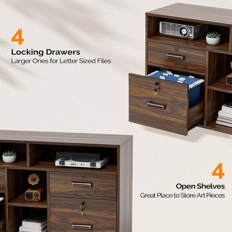 4 Drawer Wood Mobile Lockable Rolling File Cabinet with Shelves