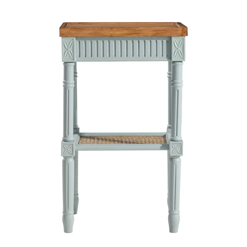 COZAYH French Country Distressed Accent Table, Espresso Tray Top and Woven Wicker Shelf, Boho, Farmhouse, Rustic Decor