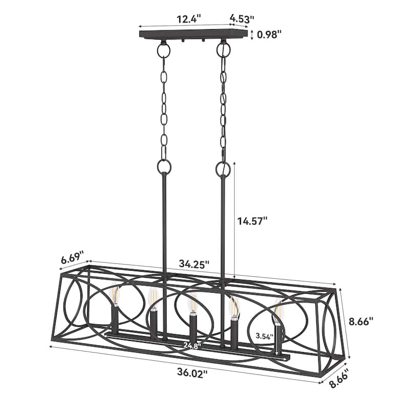 36''W Modern Linear Chandelier with Adjustable Height, Geometric Pendant