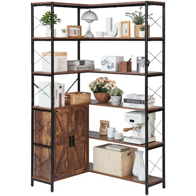L-Shaped 6 Tier Corner Bookcase with Adjustable Shelves and Doors - 31.5 x 40.16 x 70.8 in