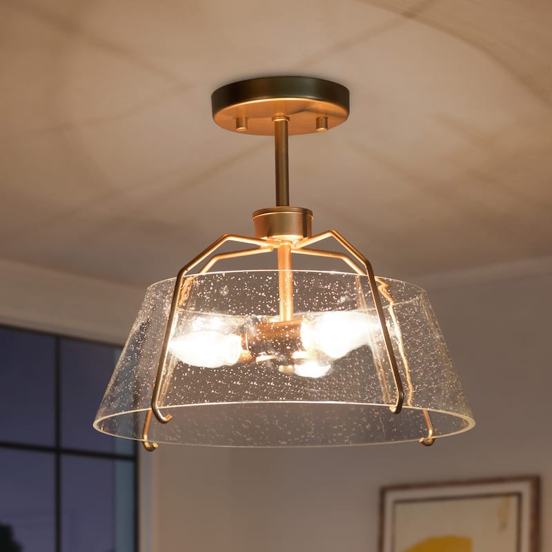 Susa Glam Modern 3-light Semi Flush Mount Gold Drum Ceiling Light Hollow Glass Shade - W13"xH11.5"