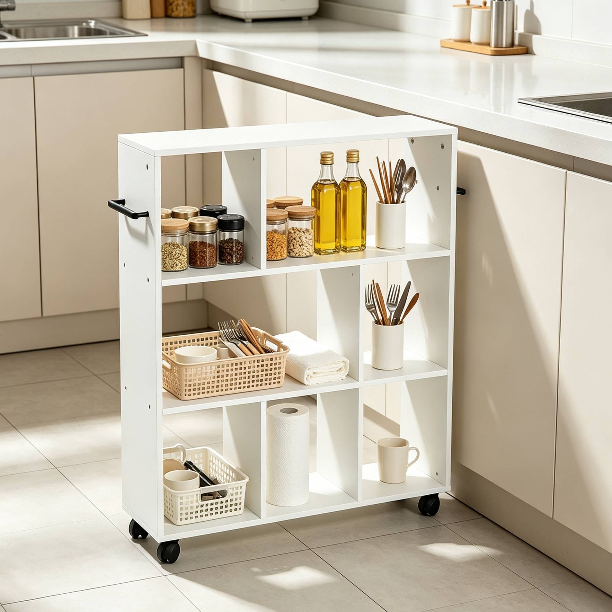 VECELO 3-Tier Rolling Storage Cart with 7 Compartments Slim Mobile Shelf with Handles Space-Saving Organizer for Kitchen & Home