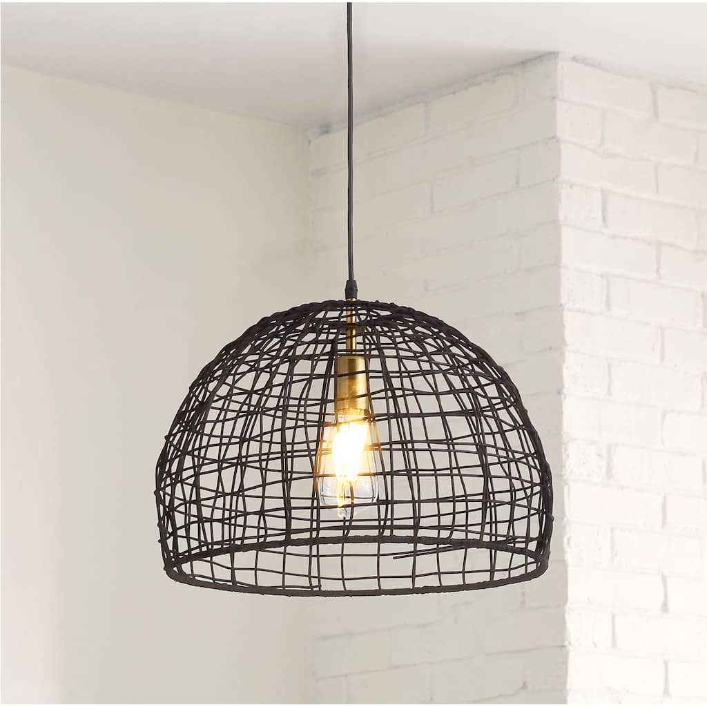 Matte Black 1-Light Woven Rattan Hanging Lamp