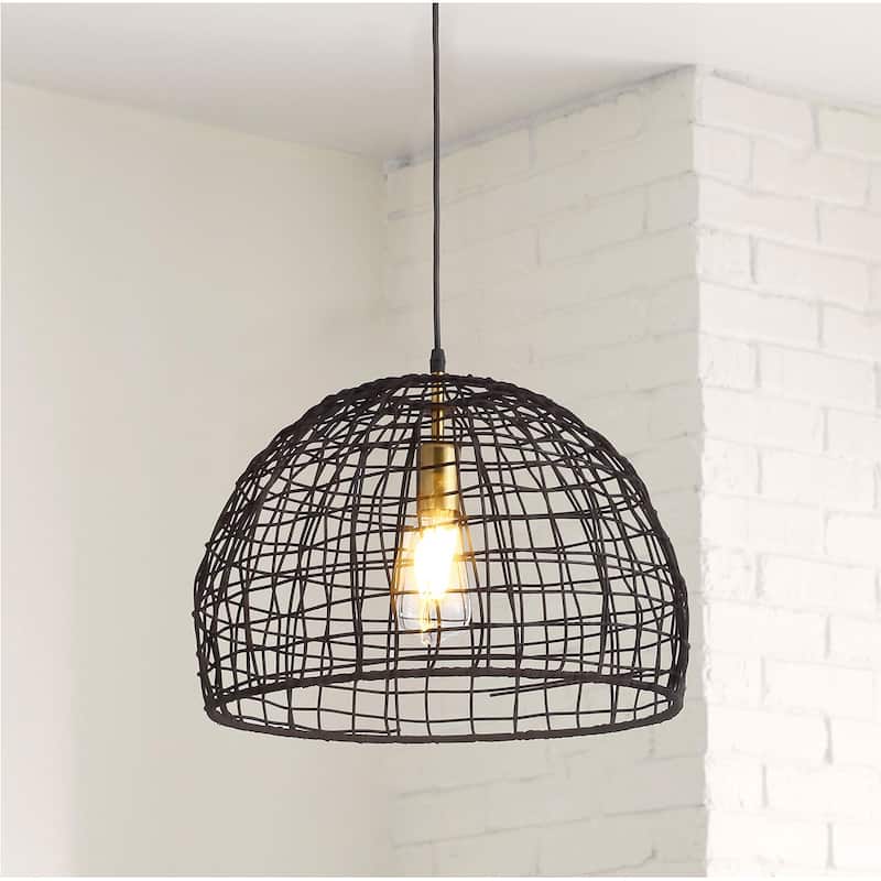 Matte Black 1-Light Woven Rattan Hanging Lamp - Black