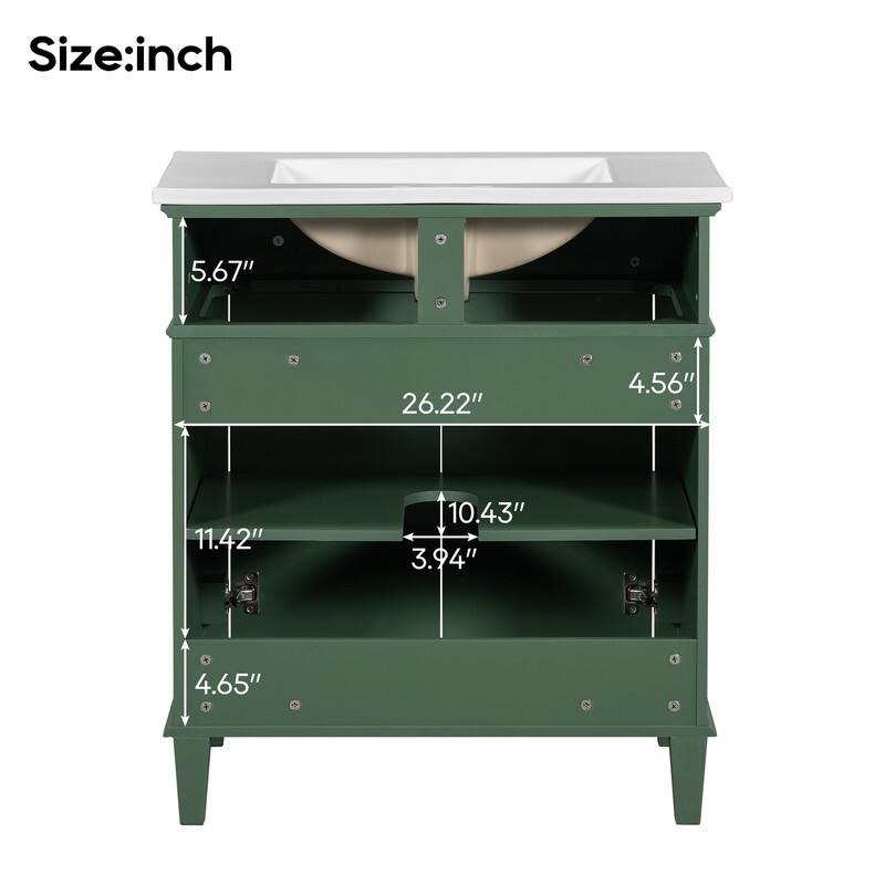 30'' Bathroom Vanity with Ceramic Sink Top, Freestanding Bathroom Vanity Cabinet with 2 Soft Close Doors and Adjustable Shelves