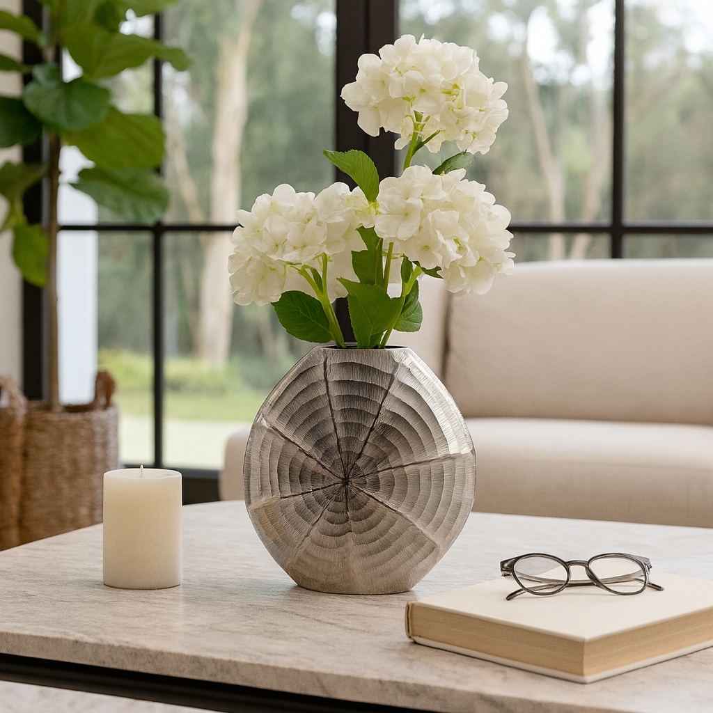 Decorative Vase - Silver Metal Round Shell Pattern, 10 in.