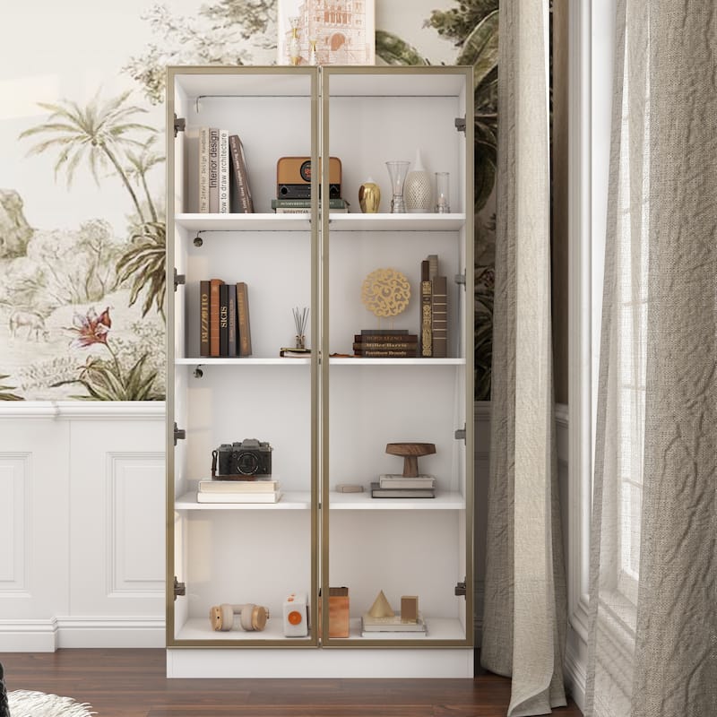 Storage Cabinet Glass l Wood Display Cabinet with 4 Shelves and Light